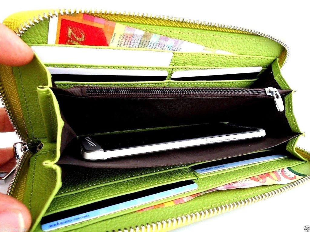 Green genuine leather women's purse and tote by DAVISCASE featuring a wallet, clutch, and coin bag with stylish design.