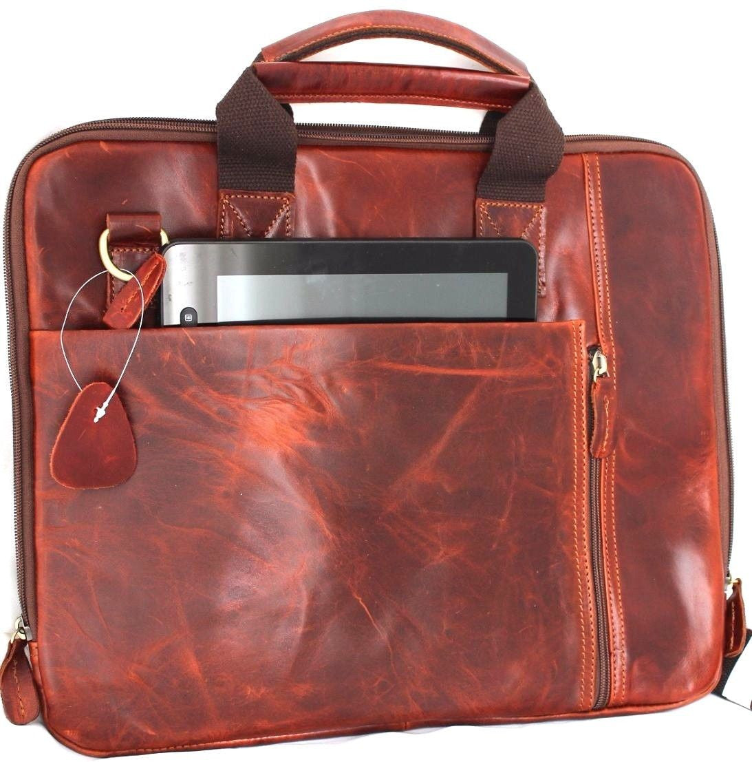Brown genuine leather men's shoulder bag with a crossbody design, featuring a spacious compartment for laptops and business essentials.