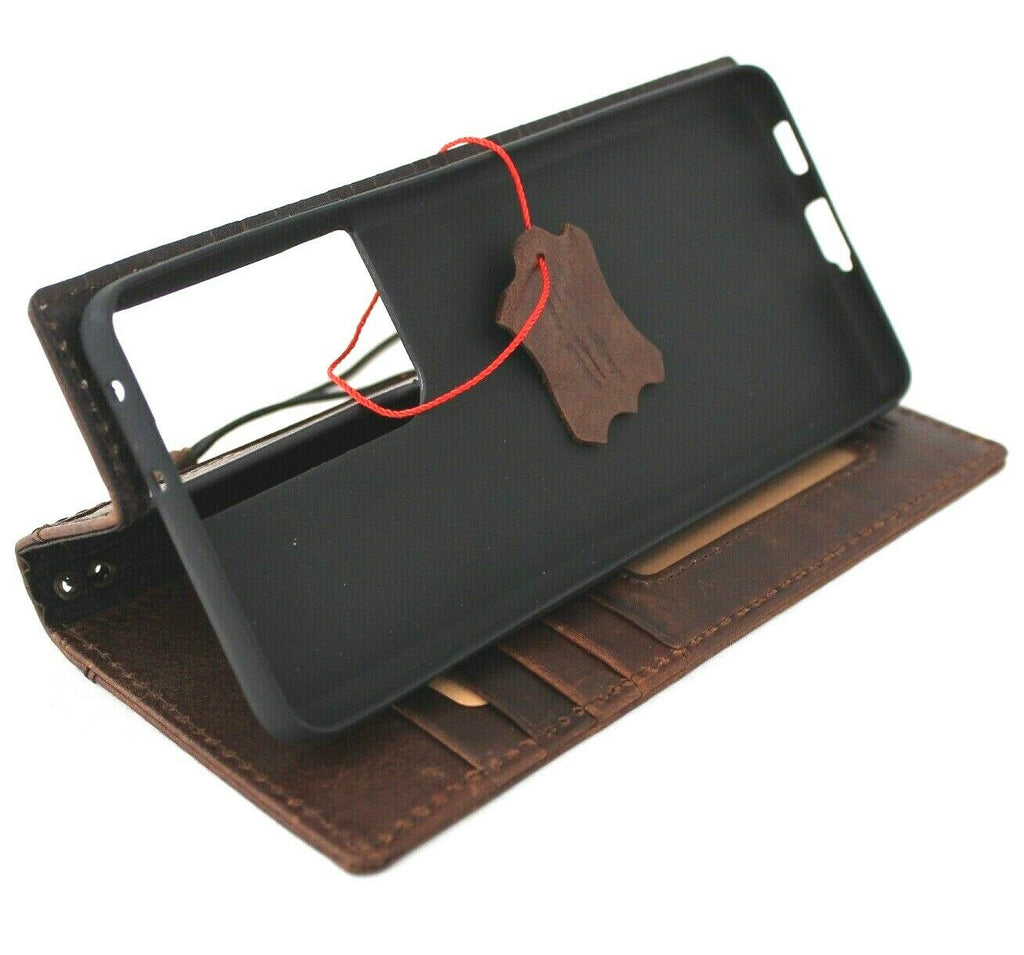 DavisCase genuine leather Galaxy S21 Ultra 5G wallet case with ID window, card slots, rubber stand, and wireless charging compatibility.