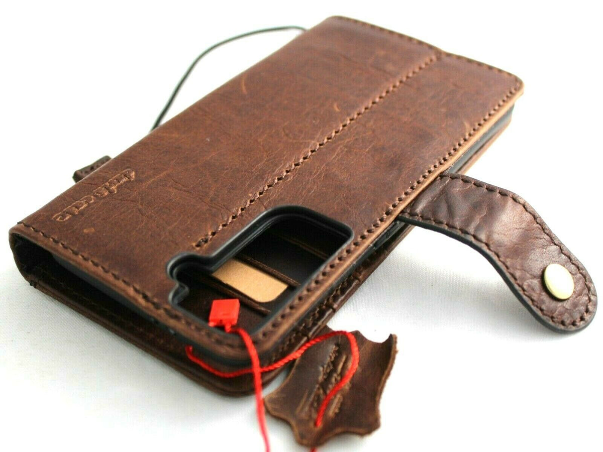 Handmade dark Italian leather Samsung Galaxy S21 wallet case with rubber holder and wireless charging compatibility by DavisCase.
