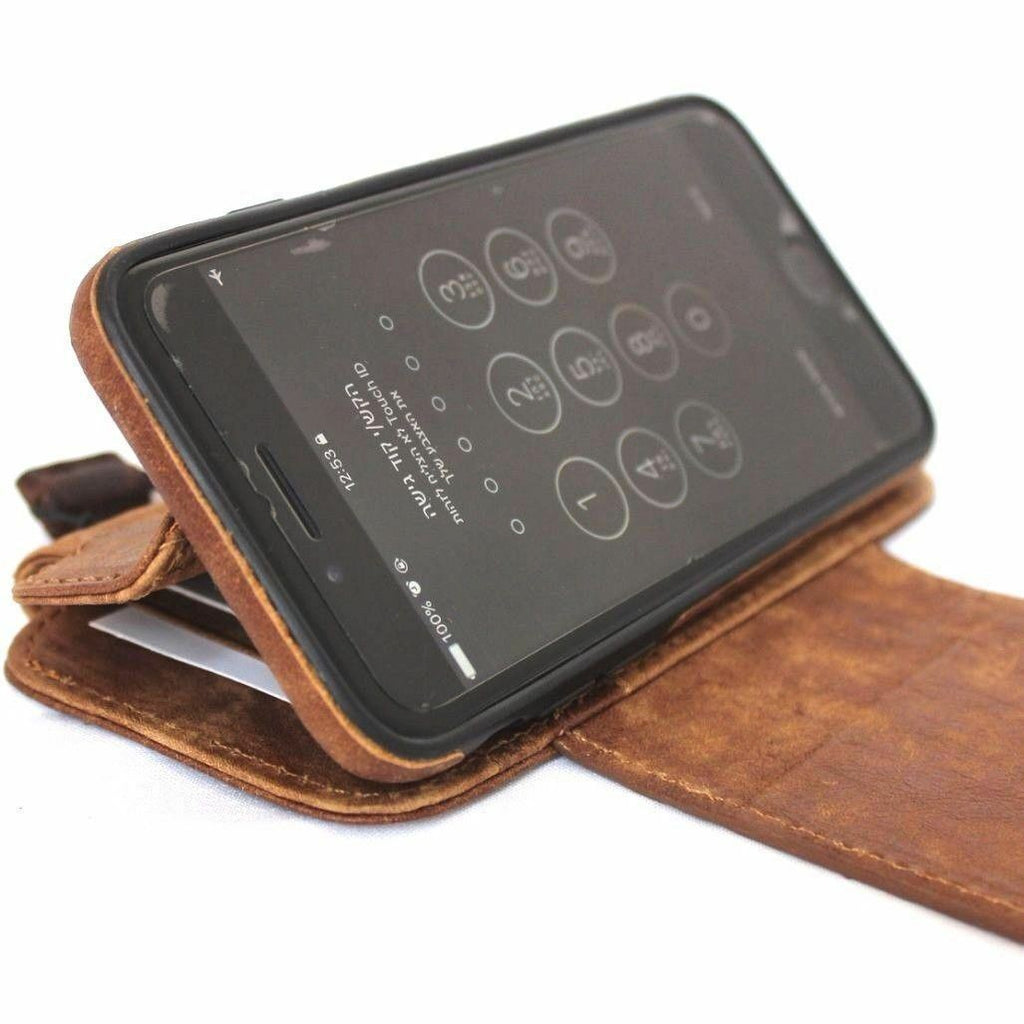 Genuine full leather iPhone SE 2 2020 case by DavisCase with wallet card slots, magnetic closure, and detachable cover.
