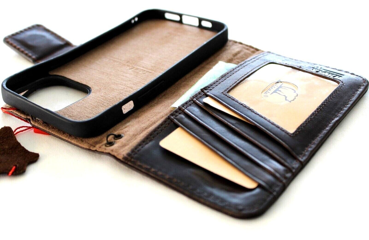 Handmade genuine leather phone case for iPhone 11-15 Pro Max, vintage style with ID window and credit card slots by DAVISCASE.