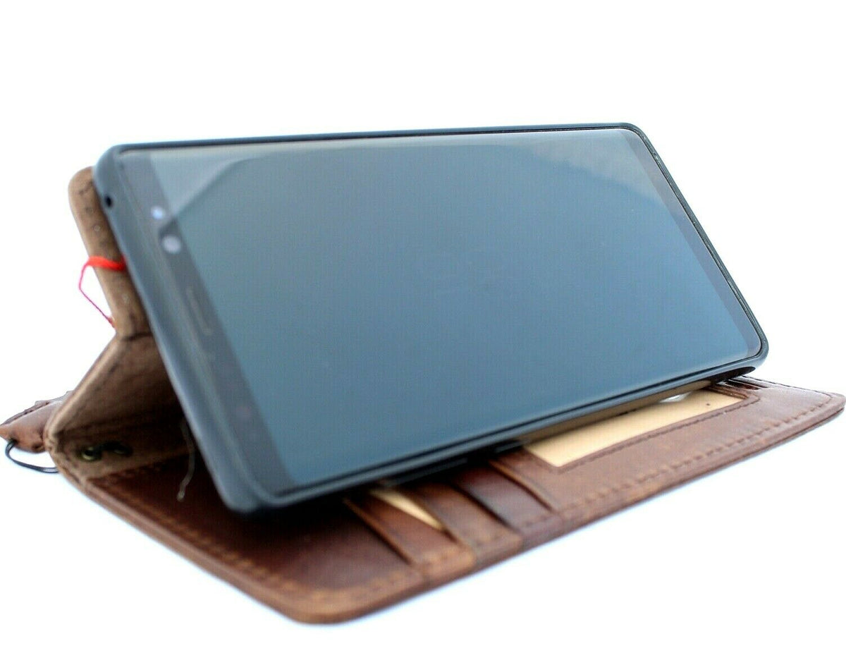 Dark brown genuine vintage leather Samsung Galaxy Note 10 Plus book wallet case with card slots, removable holder, and stand feature.