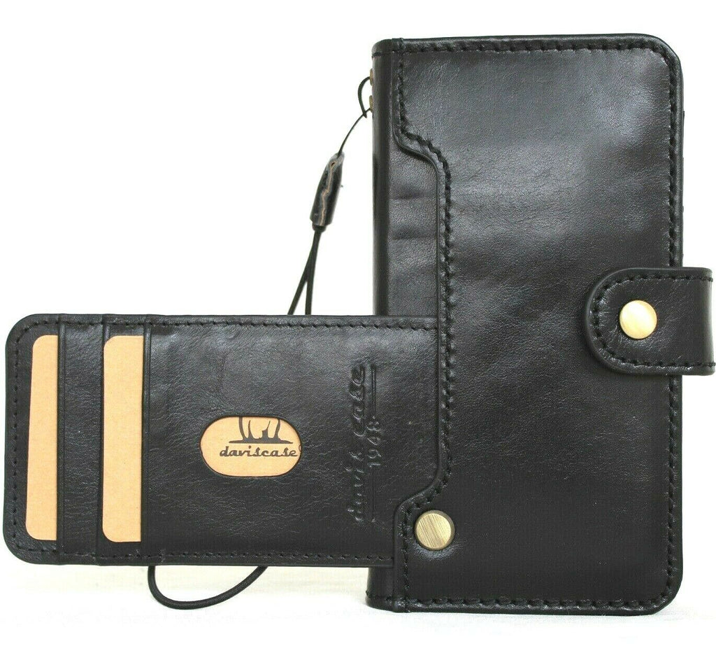Black genuine leather iPhone 12 Mini case by DAVISCASE, vintage book wallet design with credit card slots and soft closure.