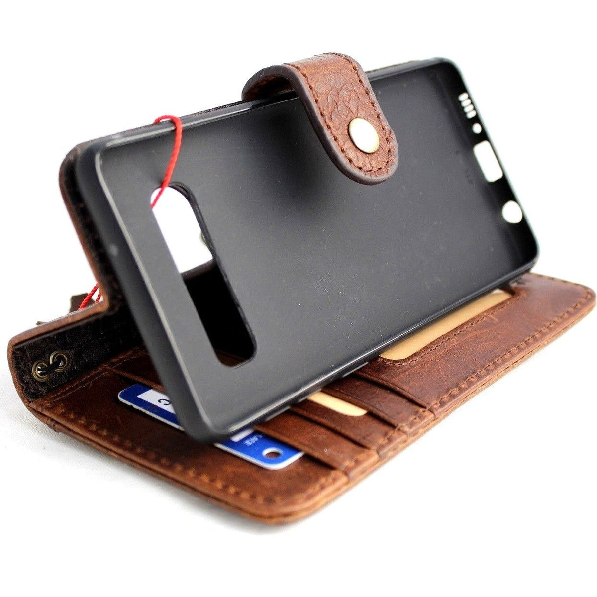 Genuine leather wallet case for Samsung Galaxy S10e by DAVISCASE, featuring card slots, stand function, and secure closure.