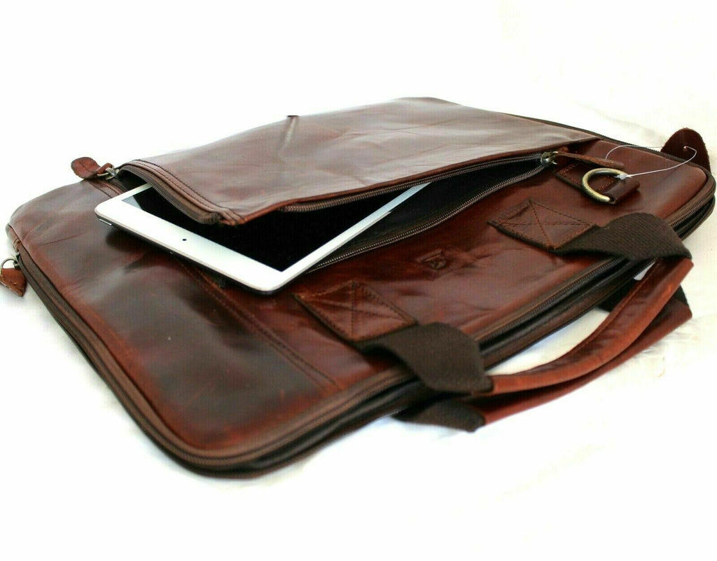 Men's brown DAVISCASE leather shoulder bag with messenger style, ideal for laptops and iPads, classic briefcase design.