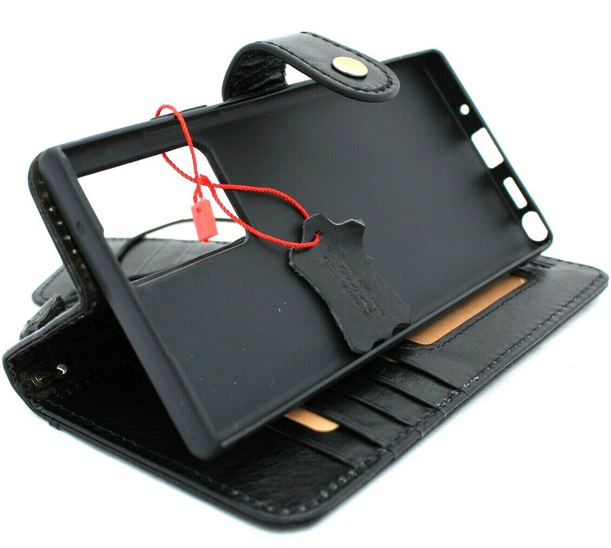 Genuine black leather Samsung Galaxy Note 20 Ultra 5G wallet case with ID window and rubber holder by DAVISCASE
