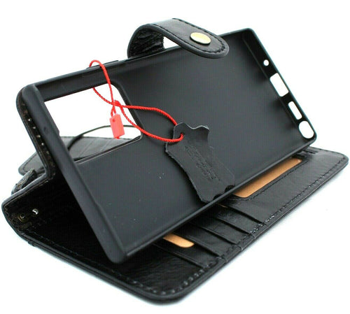 Genuine black leather Samsung Galaxy Note 20 Ultra 5G wallet case with ID window and rubber holder by DAVISCASE