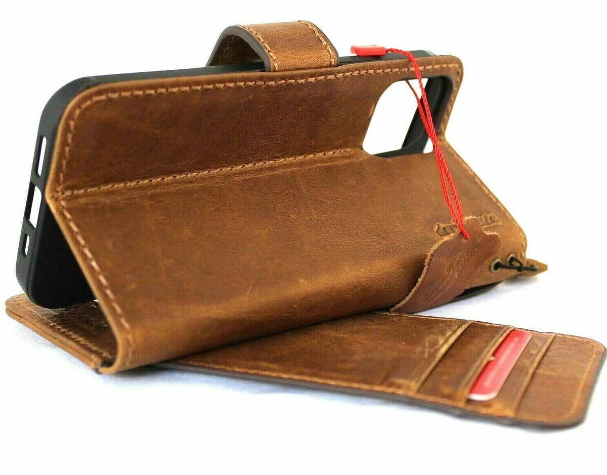 Genuine soft tan leather iPhone 12 book wallet case with ID window, card slots, vintage style, handcrafted by DAVISCASE.