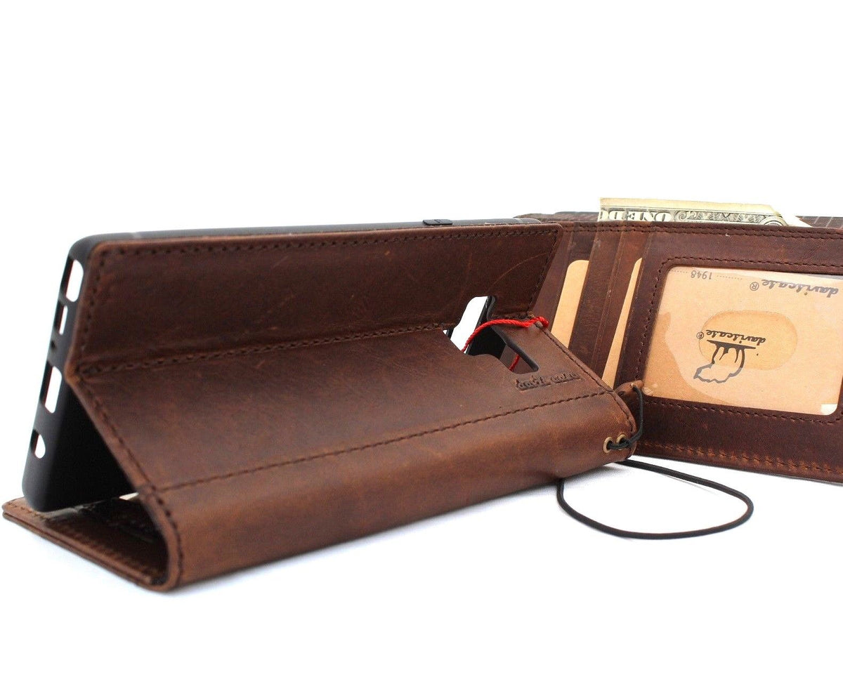 Vintage brown leather case for Samsung Galaxy Note 9, handmade wallet cover with card slots, slim design, and ID holder.