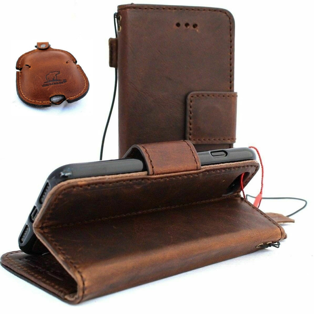 Daviscase genuine dark leather iPhone 8 wallet case with card slots, magnetic cover, slim design, vintage style, and AirPods 2 case.