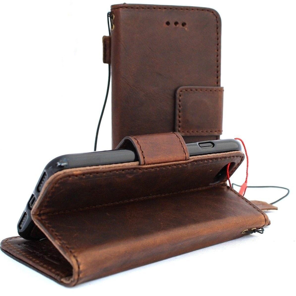 Genuine dark soft leather iPhone SE 2 wallet case with card slots, magnetic clasp, slim design, and classic Davis style.