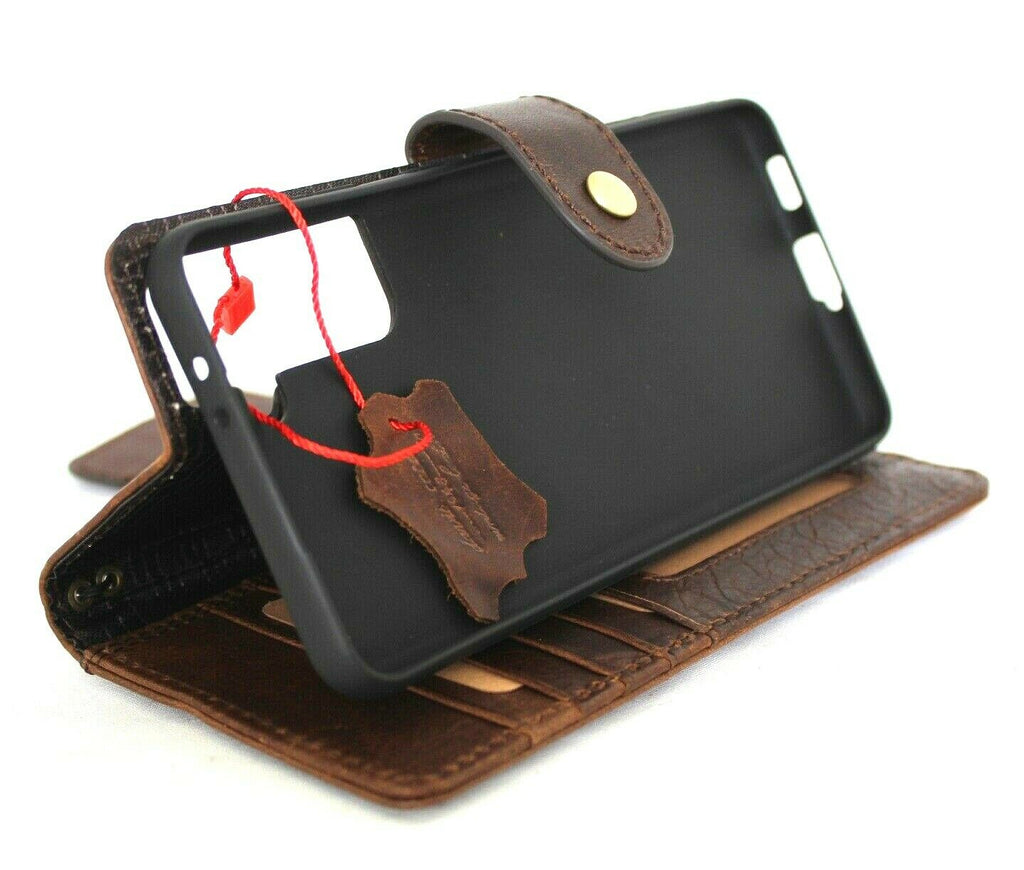 Genuine vintage leather Samsung Galaxy S21 Plus case by DavisCase with soft wallet design, card holder, and luxury rubber accents.
