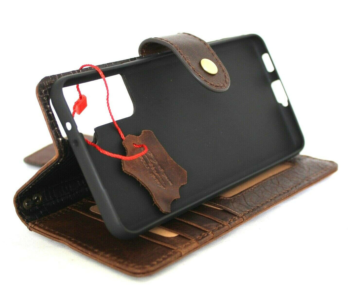 Genuine vintage leather Samsung Galaxy S21 Plus case by DavisCase with soft wallet design, card holder, and luxury rubber accents.