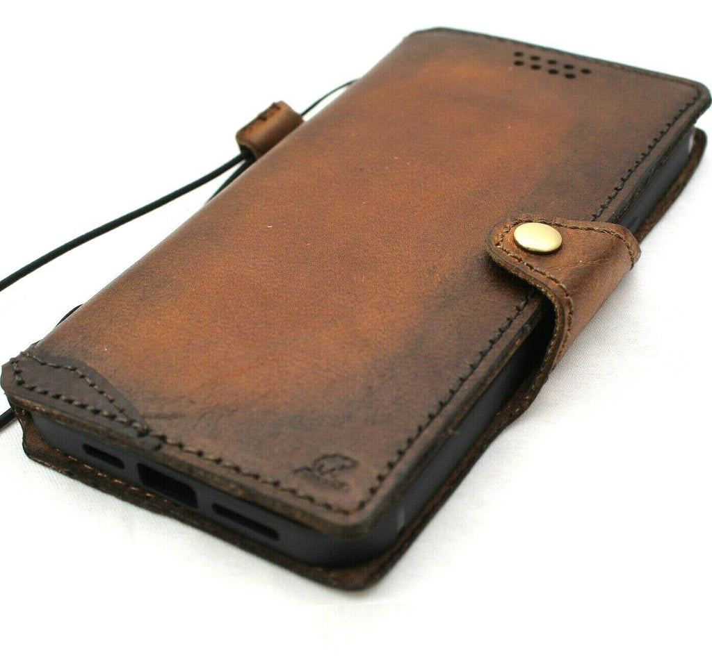 Handmade genuine soft leather wallet case for iPhone 12 Pro Max with vintage look, credit card slots, slim design by DAVISCASE