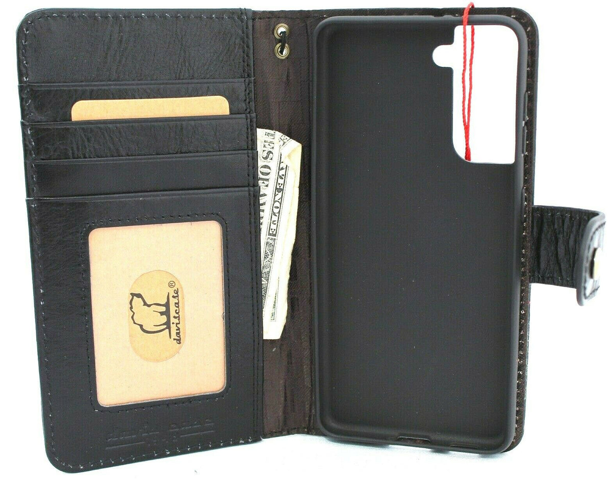 Handmade black genuine Italian leather wallet case for Samsung Galaxy S21 by DAVISCASE, featuring a rubber holder and wireless charging.
