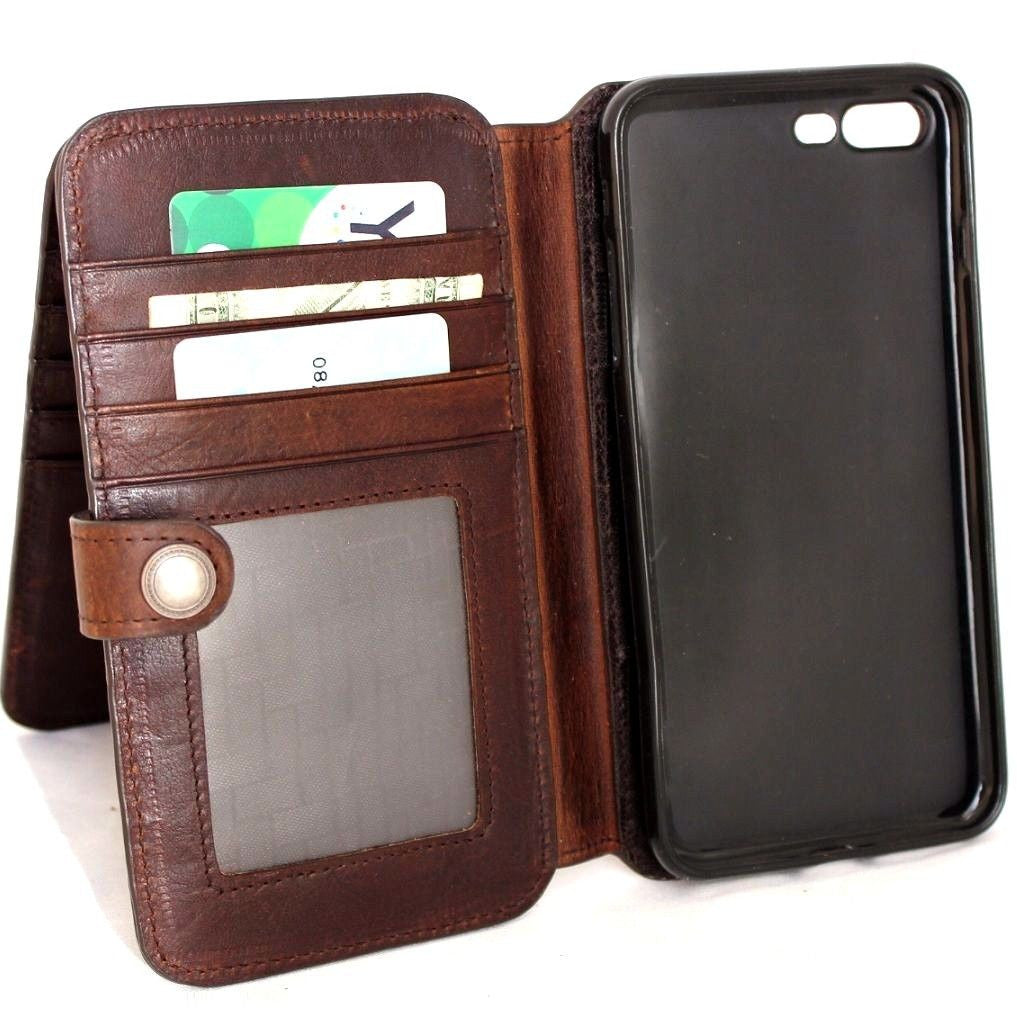 Brown genuine leather iPhone 8 wallet case with card slots, book-style cover, RFID protection, and handcrafted craftsmanship.