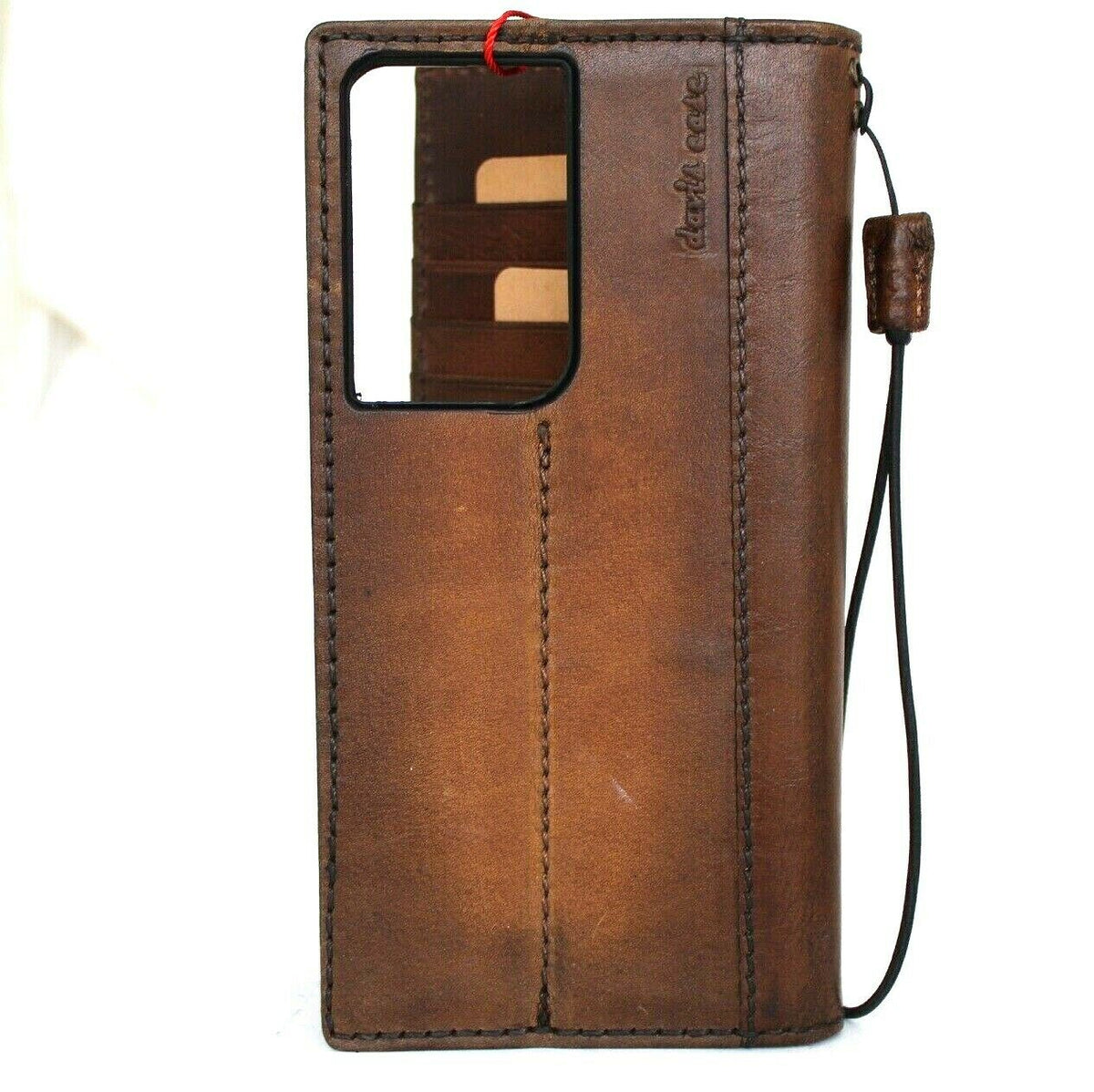 DavisCase genuine tan leather wallet case for Samsung Galaxy S21 Plus 5G with ID window, card slots, wireless charging holder.