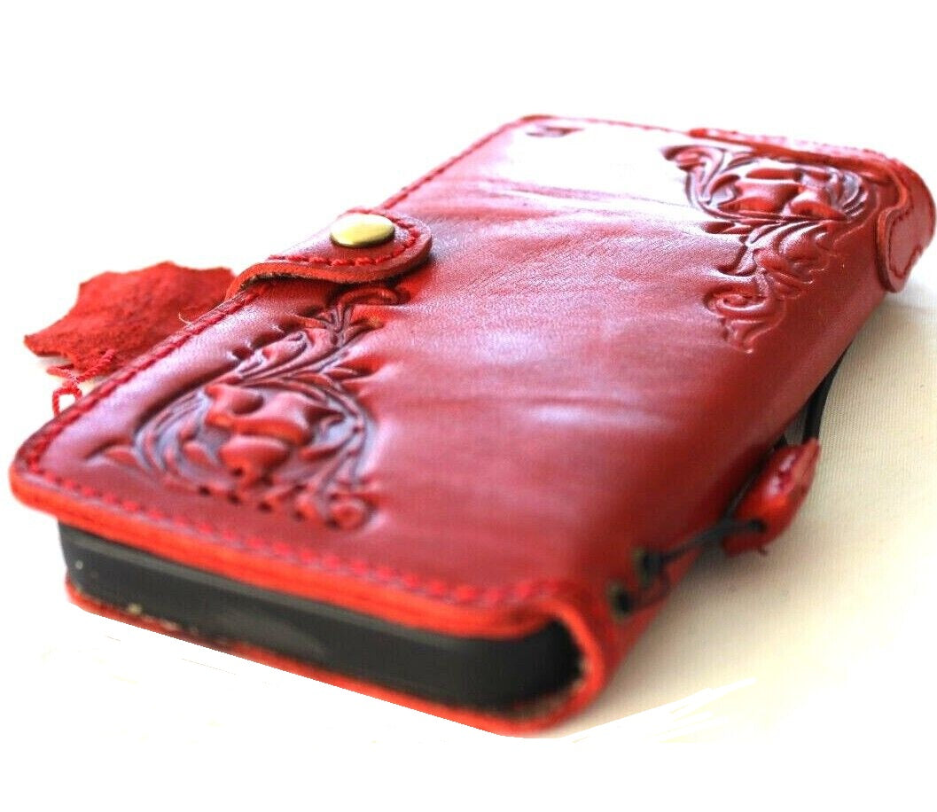Handmade genuine leather wallet case for iPhone 17, 14, 15 Pro Max by DAVISCASE with vintage red flower design and heat stamping.