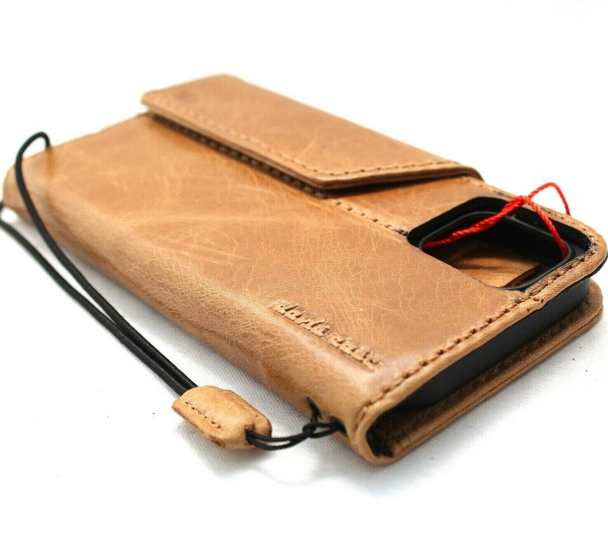 Genuine full tan leather phone case for iPhone 12 mini by DAVISCASE, vintage style with credit card slots and soft closure.
