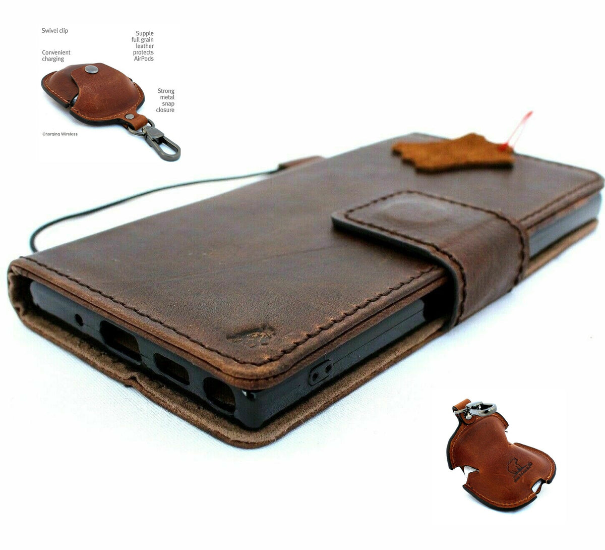 Handmade genuine leather Galaxy Note 10 case with wallet-style cover, removable strap, and AirPods 2 storage compartment.