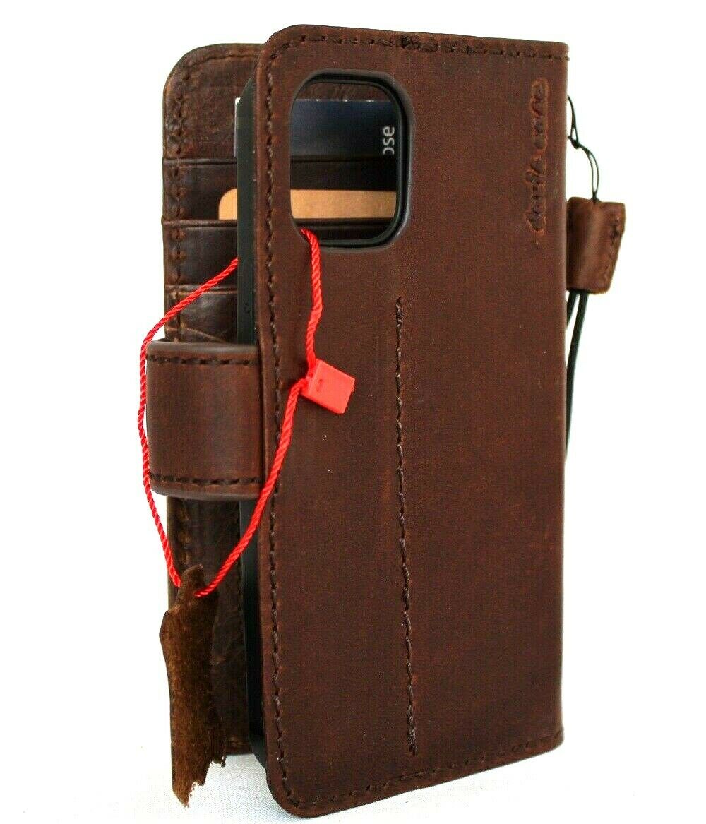 Genuine full dark leather iPhone 12 Mini case by DAVISCASE with vintage design, credit card slots, slim soft closure, handmade leather.