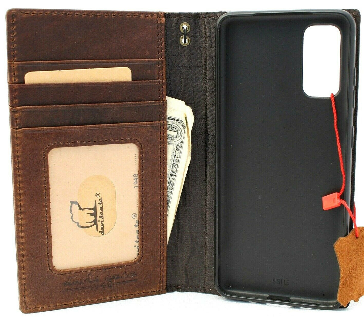 Genuine leather Samsung Galaxy A31 wallet case with card holder, ID window, and wireless charging compatibility by DAVISCASE