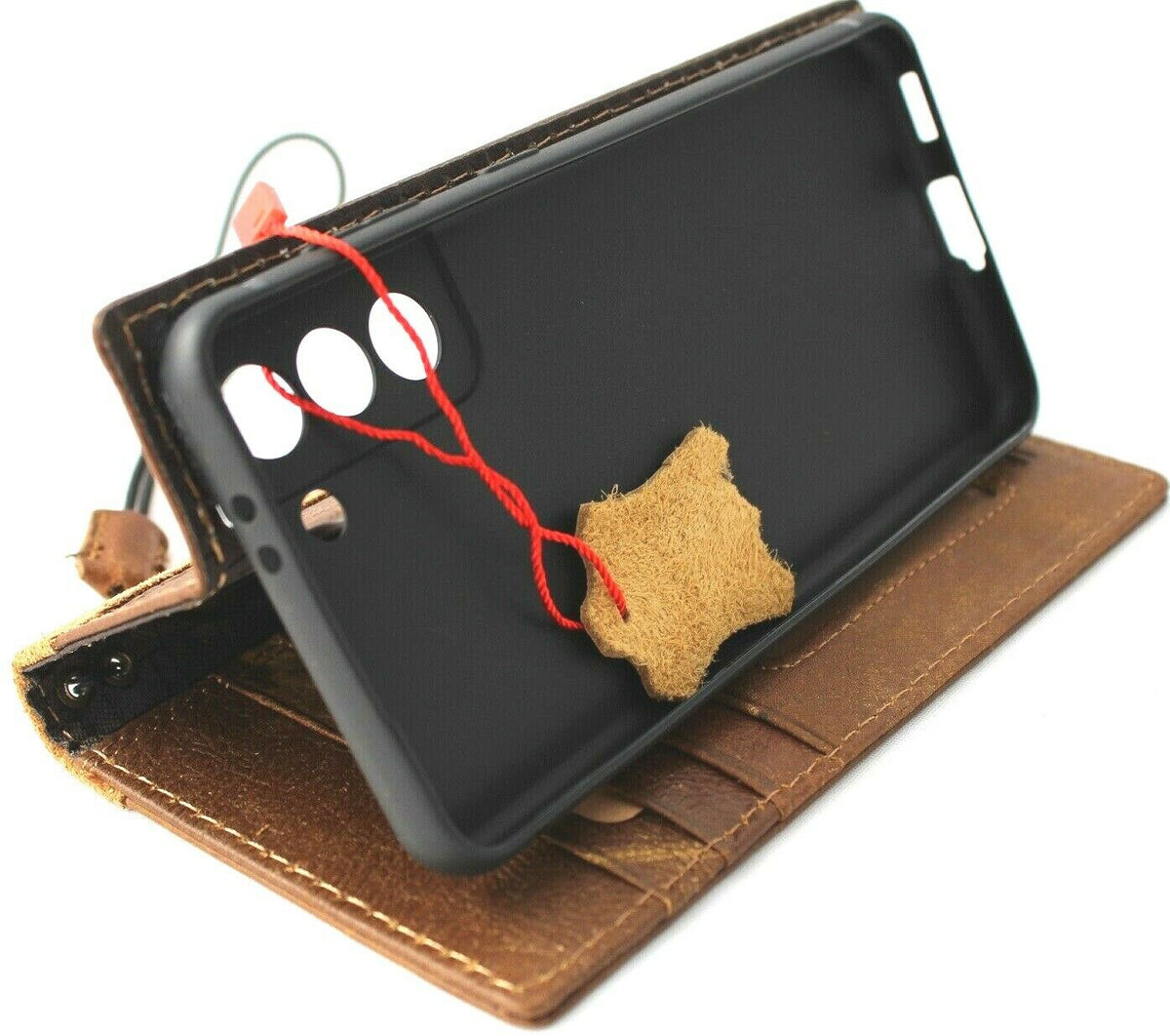 Genuine leather wallet case for Samsung Galaxy S21 by DAVISCASE, with card slots, ID window, suede design, and slim tan finish.