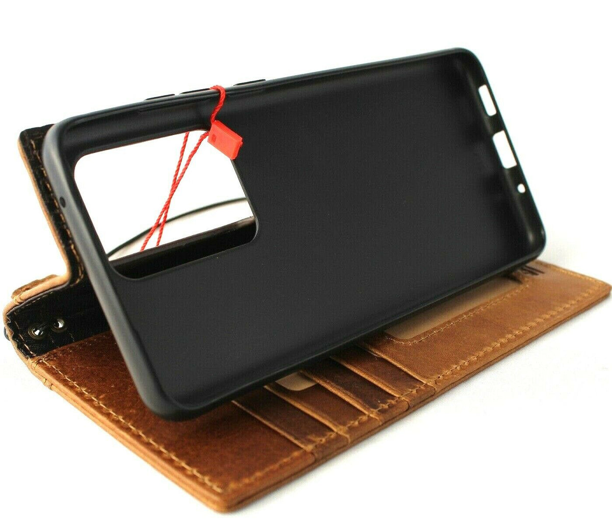 DavisCase genuine leather Galaxy S20 Ultra wallet case with card slots, wireless charging holder, and rubber ID window.