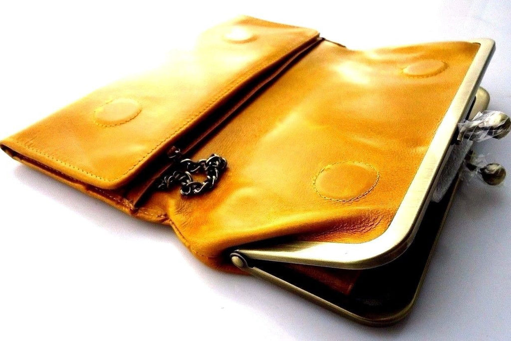 Yellow genuine leather women's wallet and clutch with card slots, coin pocket, and stylish design by DAVISCASE.