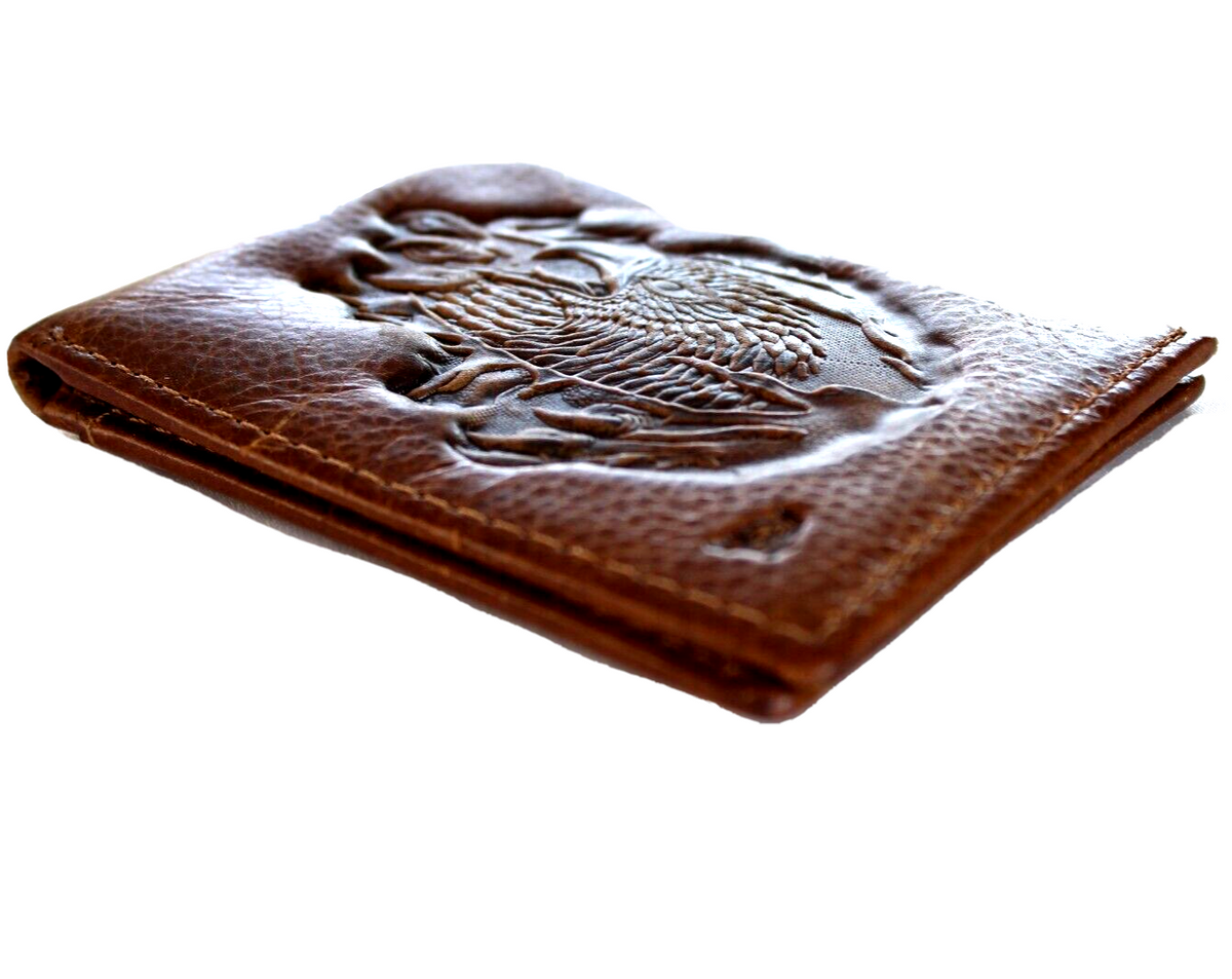 Men’s genuine leather wallet by DAVISCASE with credit card slots, bill compartment, tan color, featuring a handmade Tree of Life design.