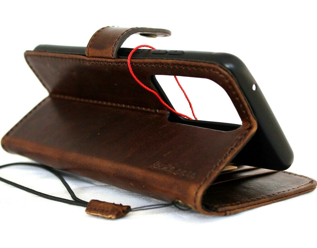 Handmade dark brown genuine top grain leather Samsung Galaxy S20 Ultra case with wallet design and rubber holder by DAVISCASE.