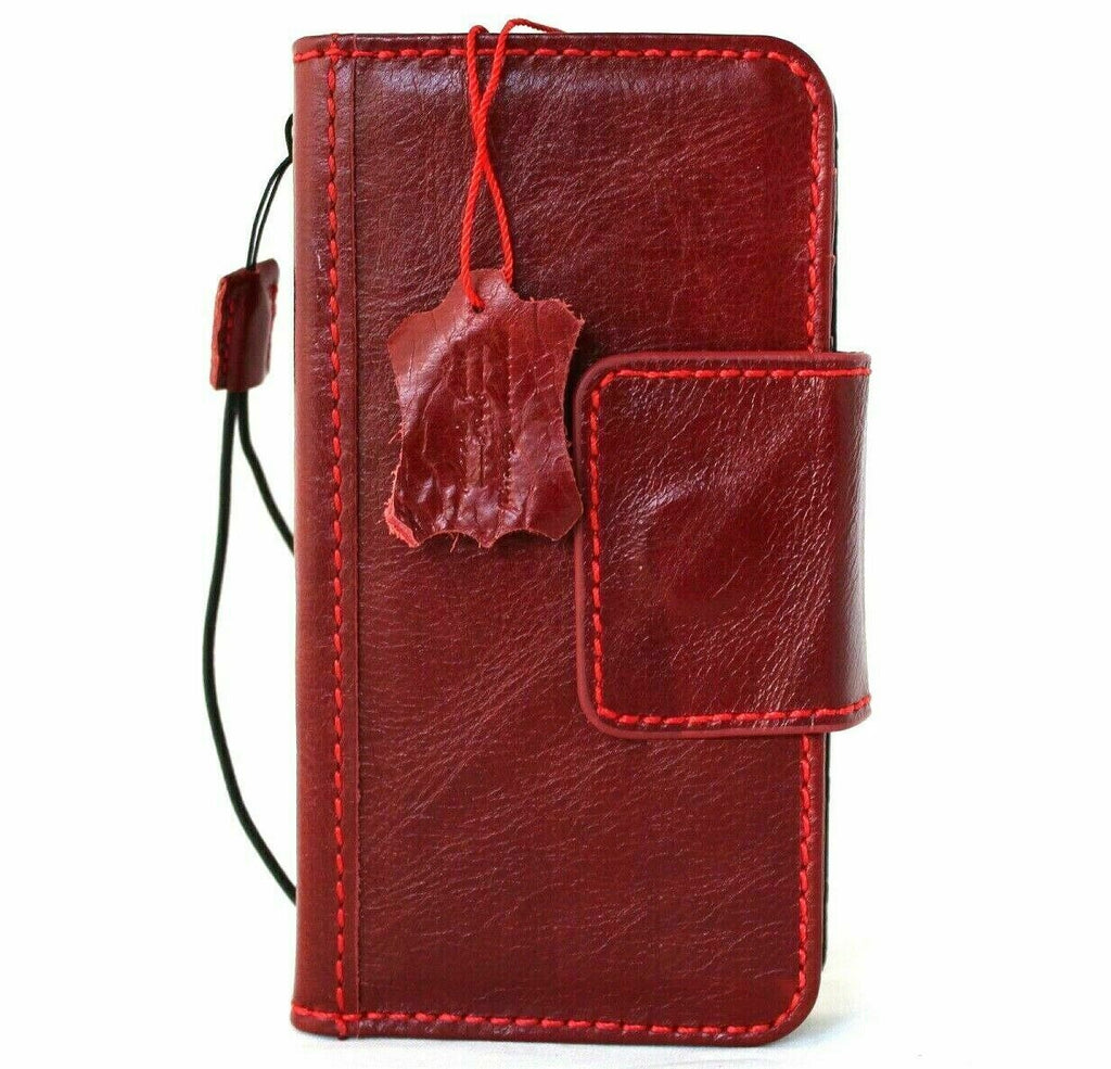 Red genuine soft leather case for iPhone 12 with vintage book wallet style, credit card slots, magnetic closure by DAVISCASE