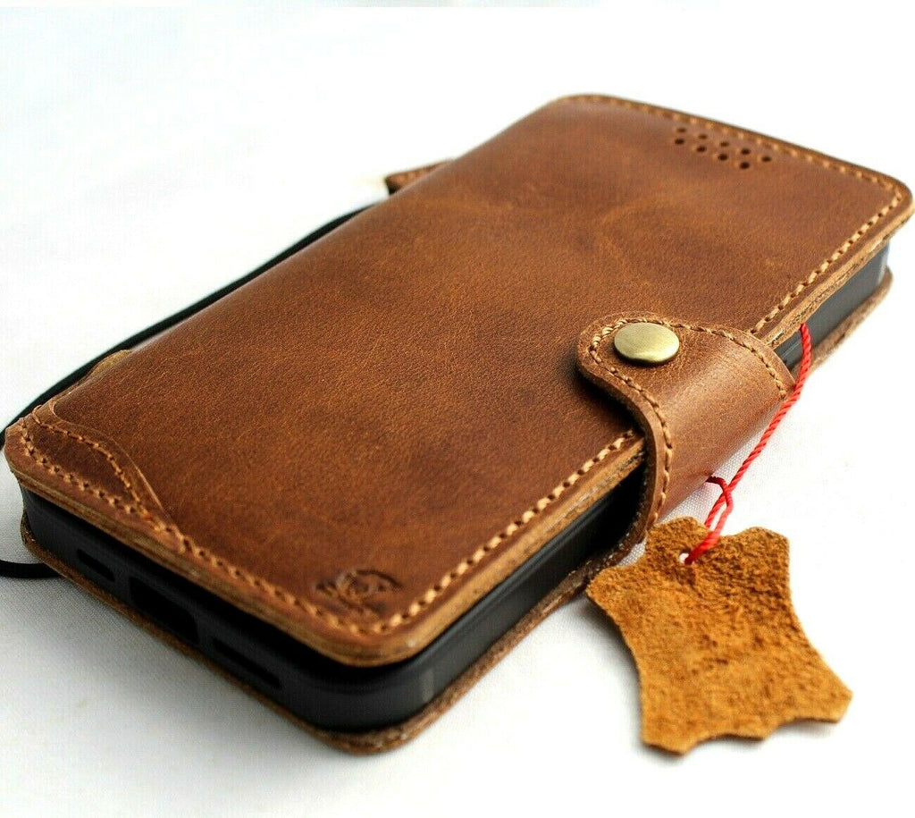 Handmade genuine leather wallet case for Apple iPhone 11 Pro Max with credit card slots and wireless charging strap by DAVISCASE