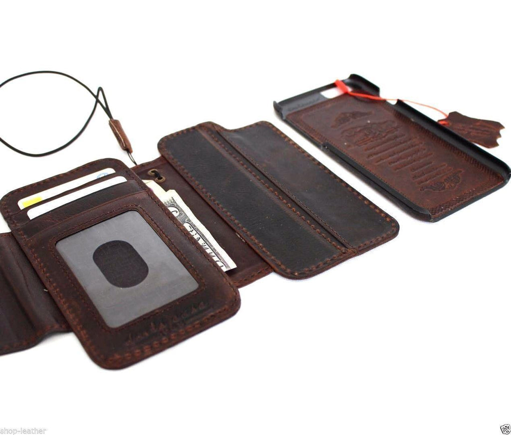 Dark brown genuine leather iPhone 8 case with book-style wallet design, card slots, magnetic closure, and detachable cover by DavisCase.