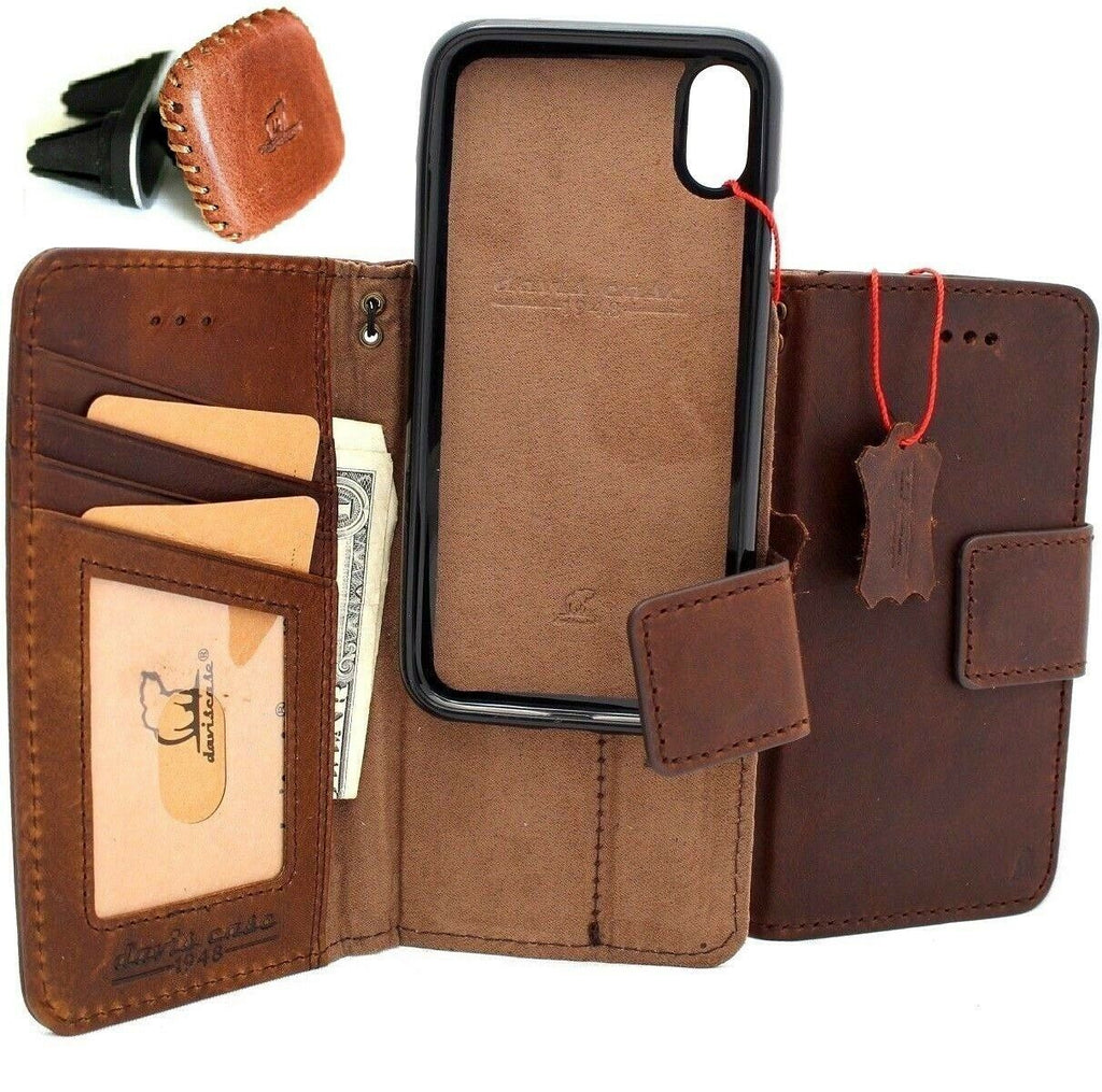 Genuine full leather iPhone XS case by DAVISCASE with wallet-style design, card holder, magnetic closure, and detachable car mount.