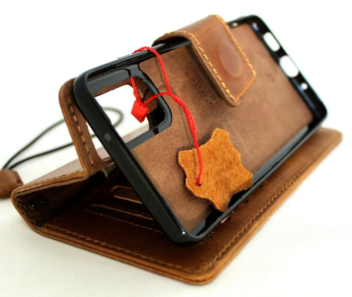 DavisCase genuine full leather book wallet case for Samsung Galaxy S20 Plus with removable slots, rubber window, and wireless charging compatibility.