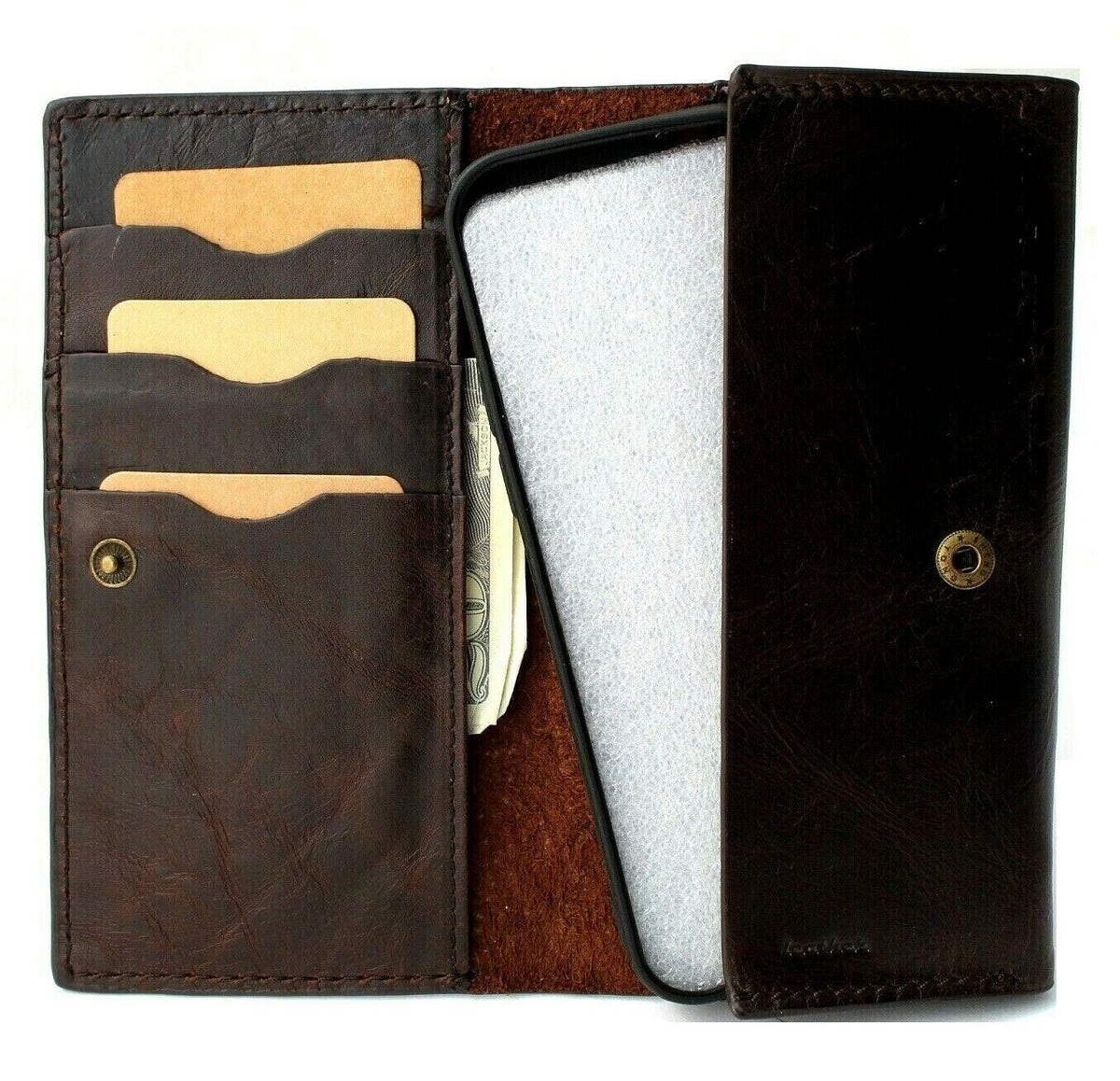 DavisCase genuine leather phone wallet case for iPhone 12-14 Pro, vintage style with ID window, credit card slots, and removable cover.