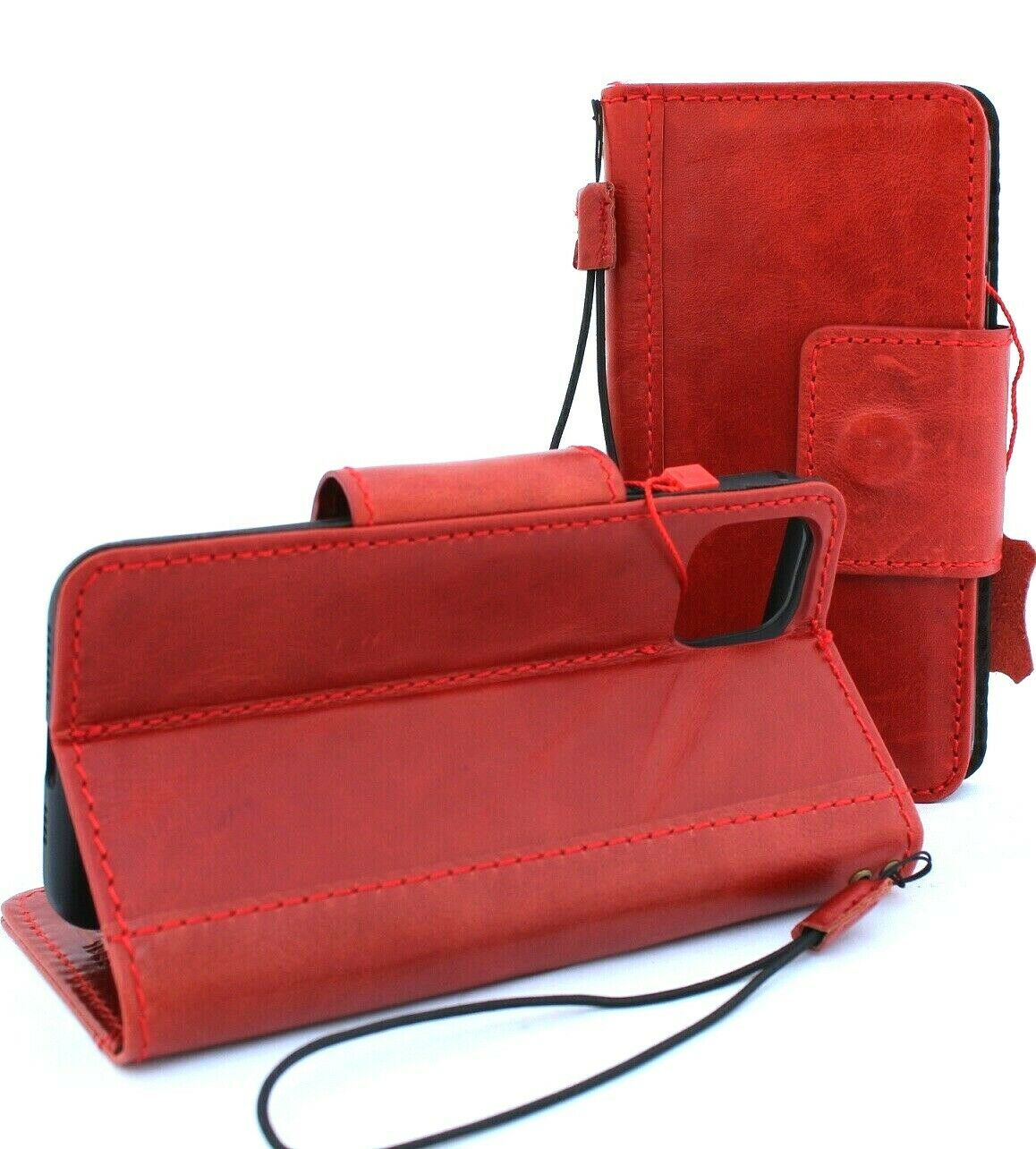 DavisCase genuine full leather flip wallet phone case for Apple iPhone 11 Pro Max with magnetic closure in red, handcrafted luxury leather cover.