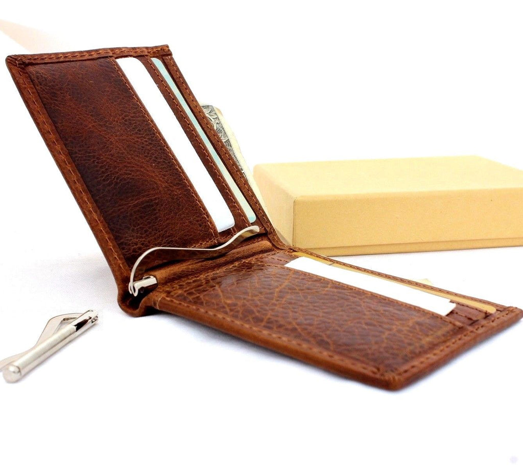 Handmade genuine leather men's wallet with custom embossed name and credit card slots, slim design, personalized by Daviscase.