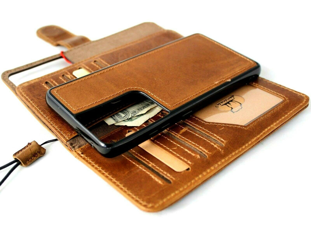 DavisCase genuine leather Galaxy S21 Ultra wallet case with card slots, window, and removable cover featuring magnetic closure.