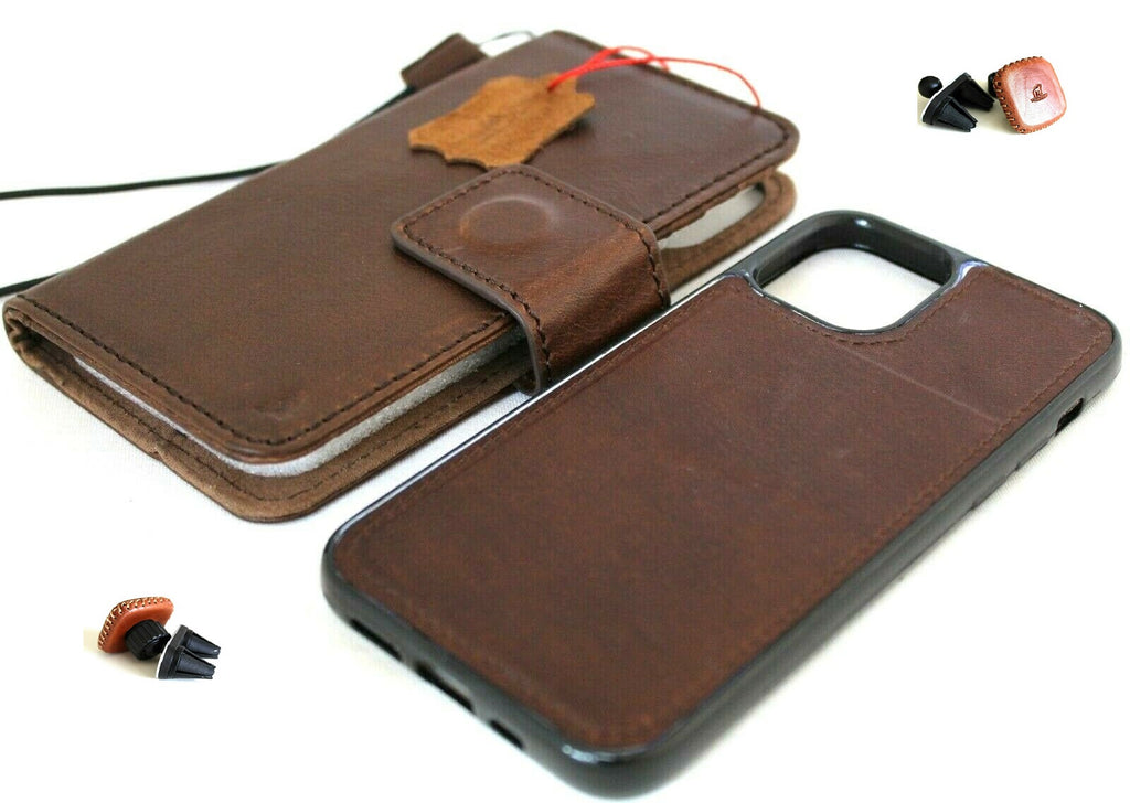 Genuine dark natural leather iPhone 12 Pro case with wallet design, ID window, credit card slots, and magnetic car holder by DAVISCASE.