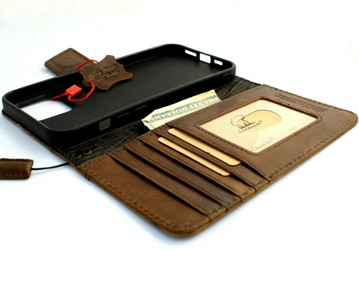 DavisCase vintage leather phone case for iPhone 13, 12, 11, 14, 15 Pro Max with credit card slots and magnetic closure.