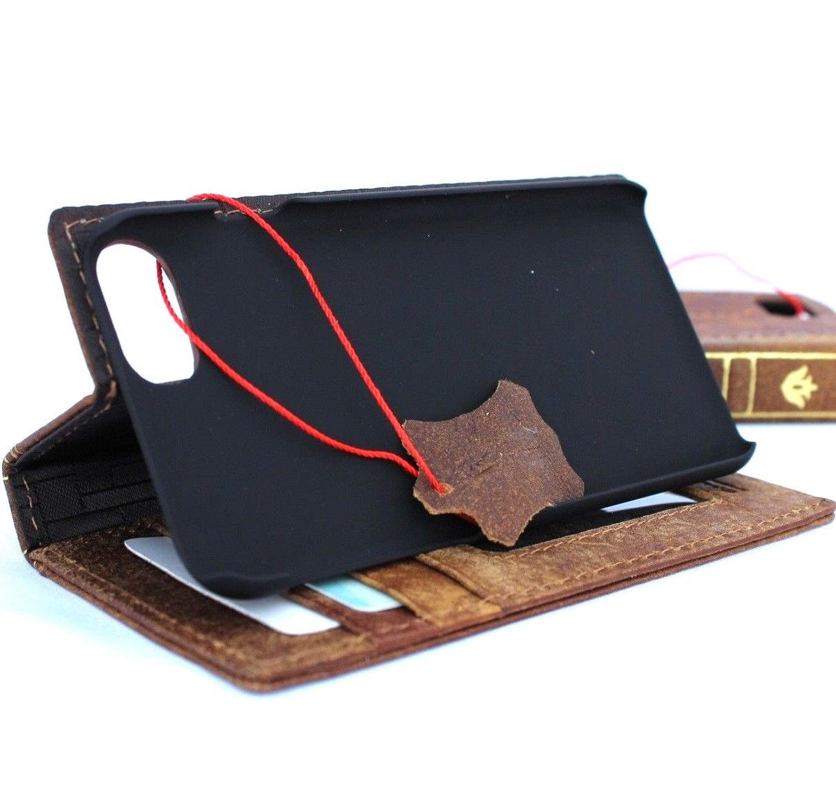 Vintage leather wallet case for iPhone 8, featuring card slots, slim design, and compatible with wireless charging.