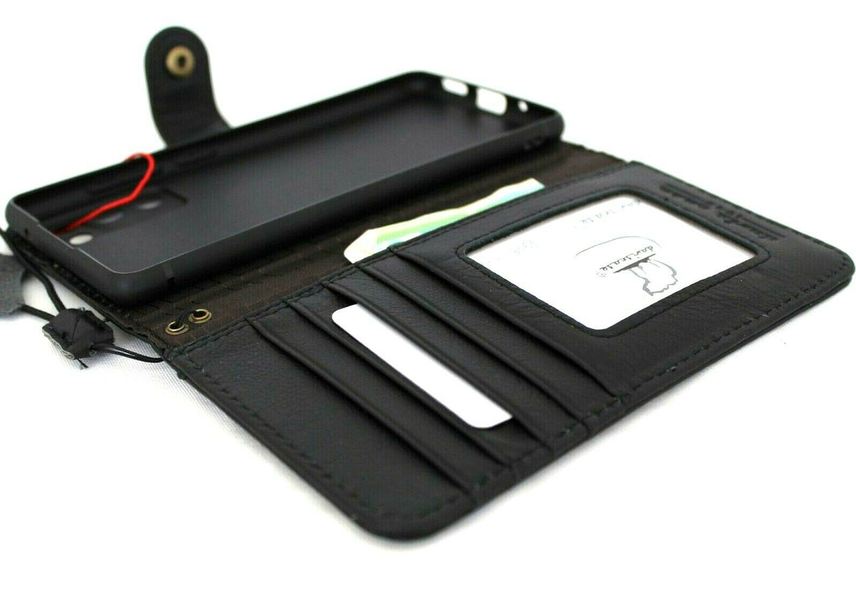 DavisCase genuine black leather wallet case for Samsung Galaxy S20 FE with card slots, ID window, soft rubber edges, vintage style.