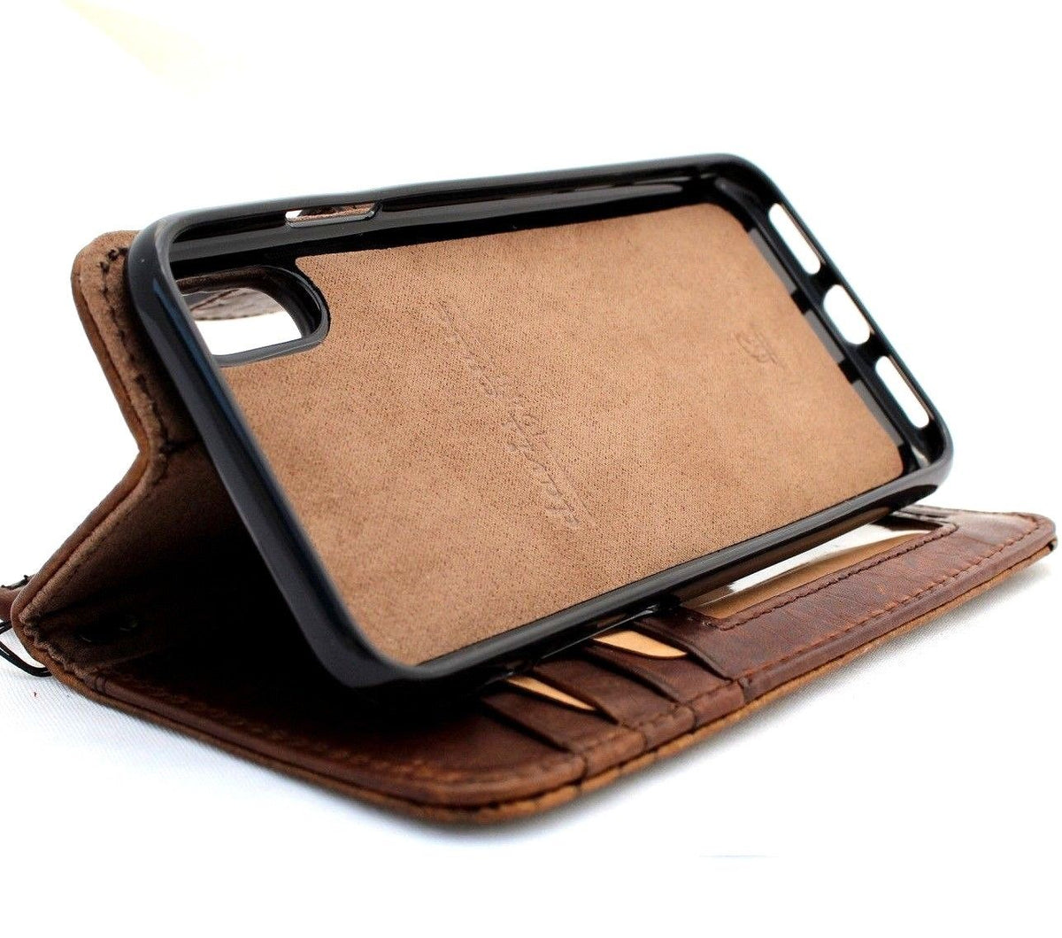 Genuine leather wallet case for Apple iPhone X by DAVISCASE, featuring magnetic closure, removable card holder, slim luxury design.