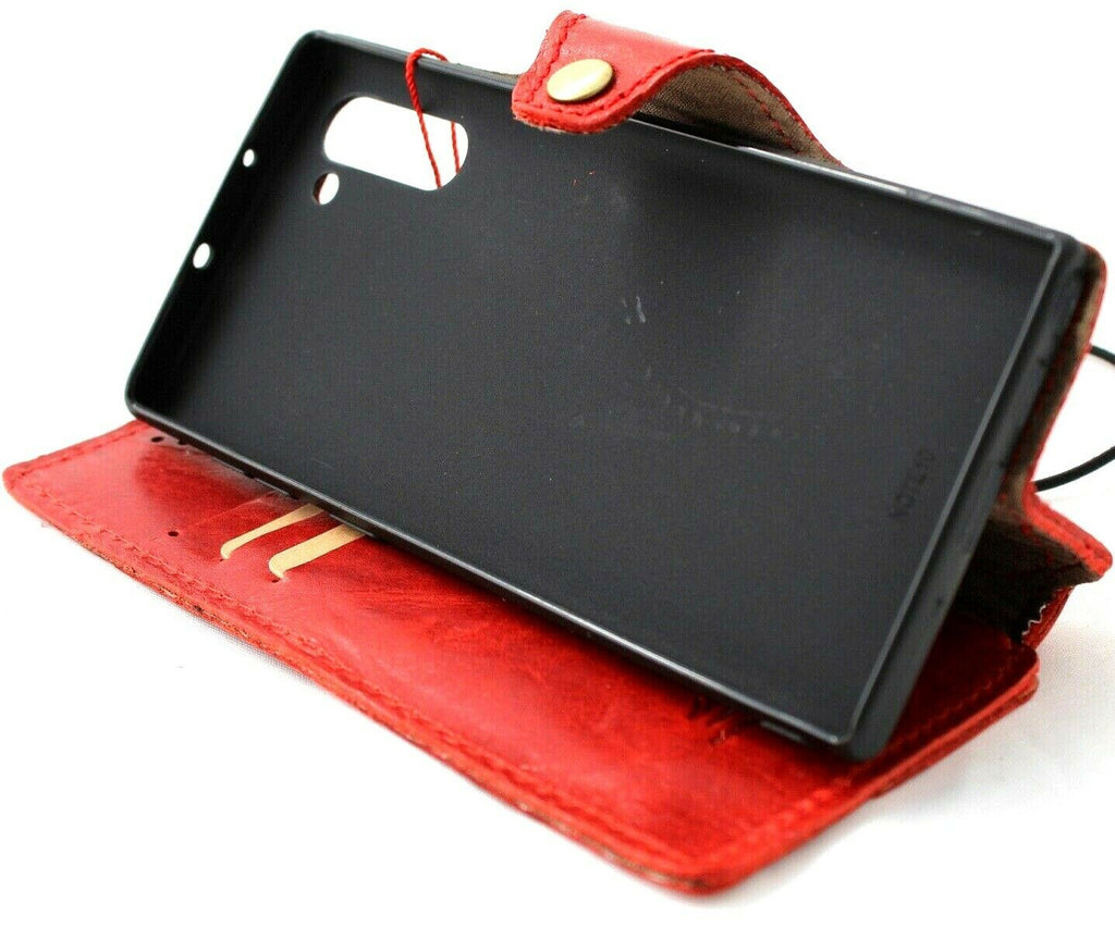 Red genuine leather flip wallet case for Samsung Galaxy Note 10, handmade by DAVISCASE, featuring a slim design and strap.