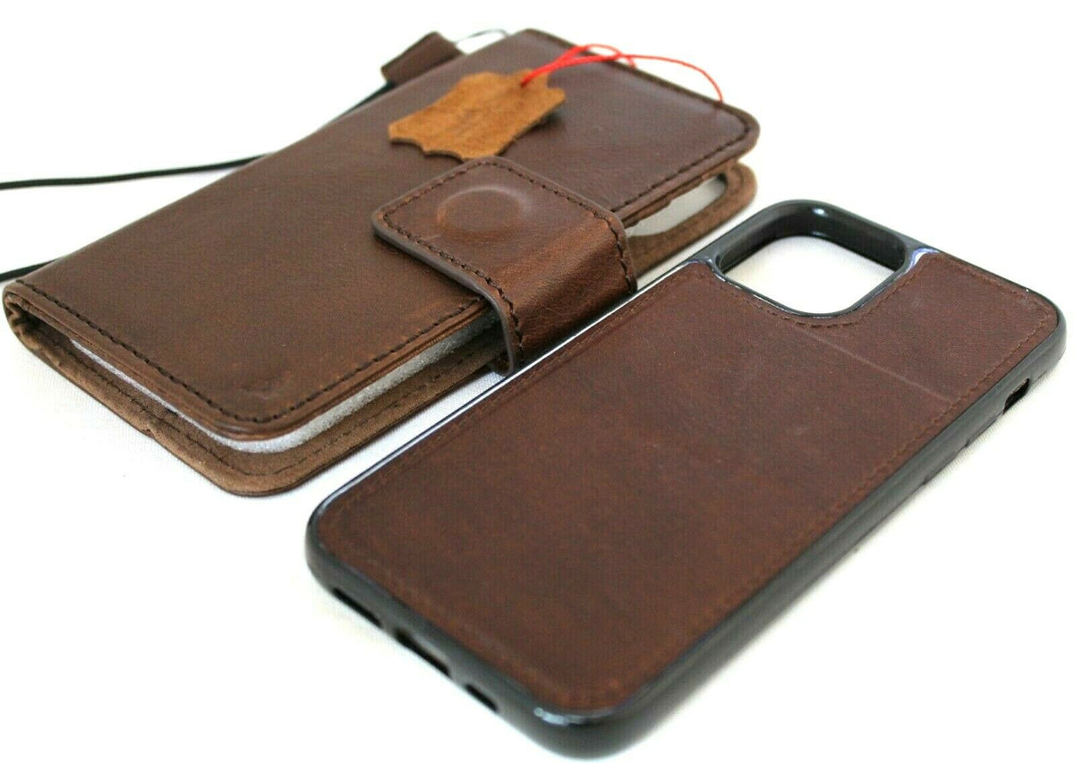 Genuine dark leather iPhone 12 case by DAVISCASE with vintage book wallet design, credit card slots, and soft removable cover.