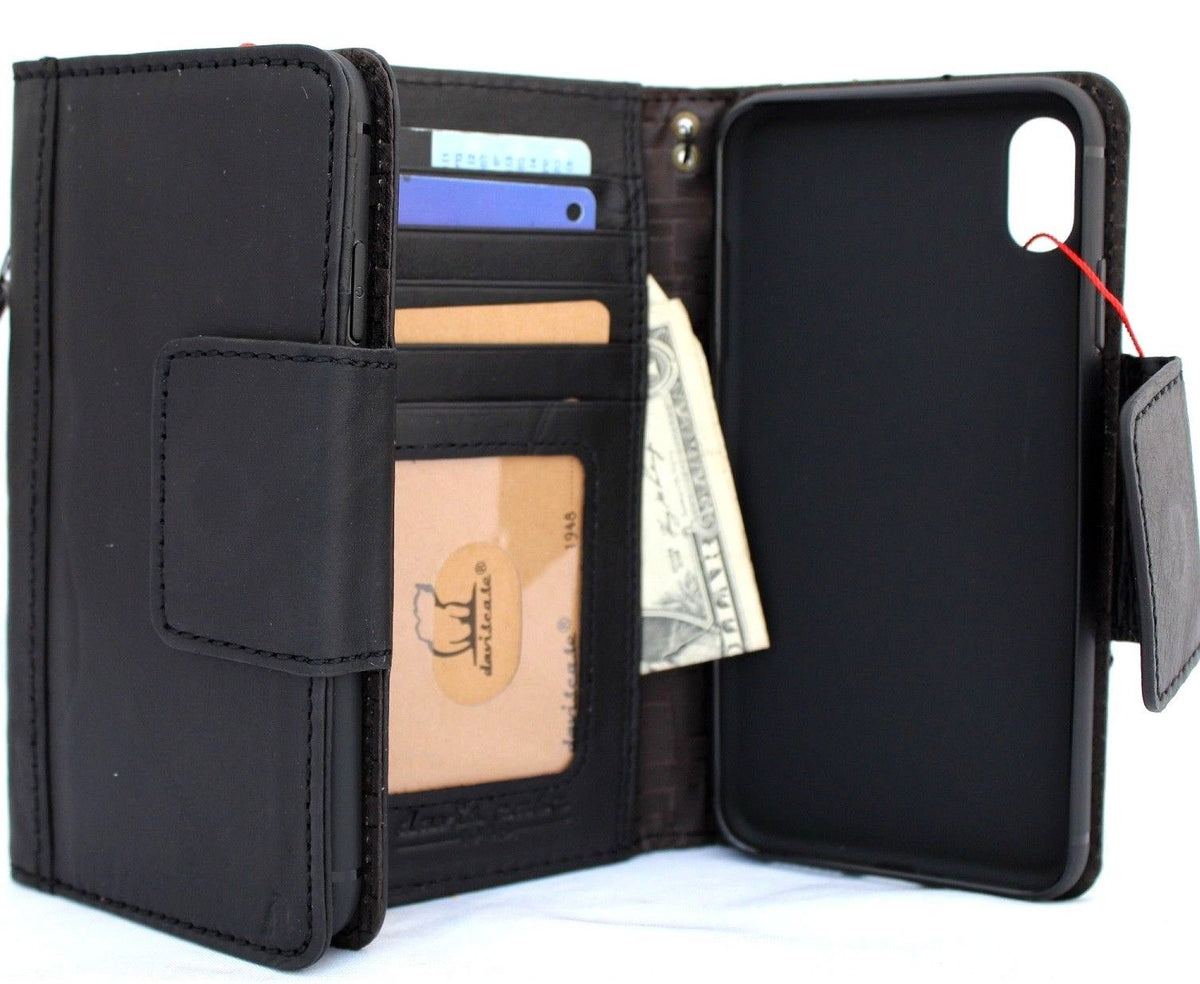 Black genuine leather iPhone XS Max wallet case with magnetic closure, card slots, slim vintage design, handmade by Jafo 48 Studio