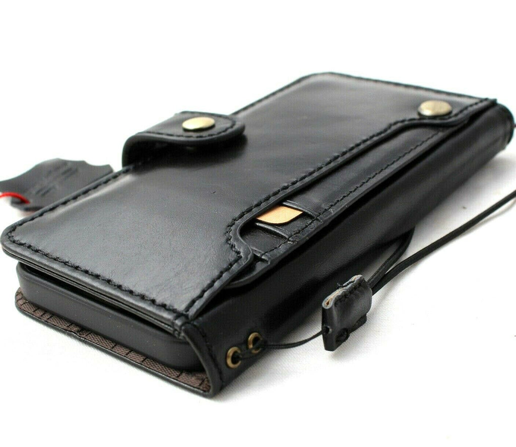 Black genuine soft leather iPhone 12 case by DAVISCASE with book wallet design, ID window, credit card slots, vintage style.